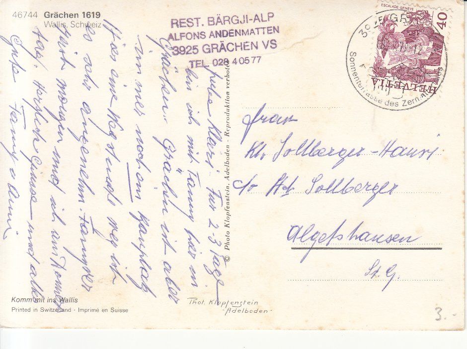 Ansichtskarten: Grächen 1979 – Gebraucht aus Bürglen TG von StampGraf 1