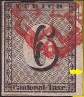 1843: ZÜRICH 6, Nr.2S (Type 80 des Bogens) 2500.- + Attest