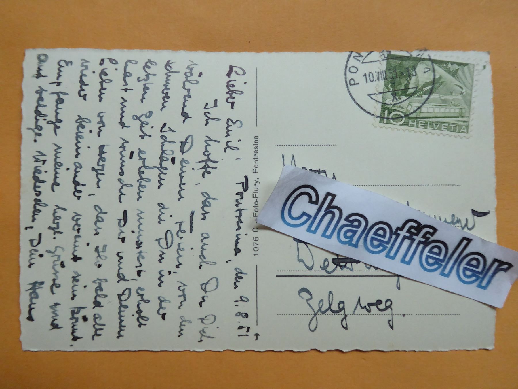 Ansichtskarten: 1951  Pontresina mit Julierkette. – Gebraucht aus Zürich von Chaeffeler 1