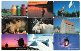 9 Telefonkarten Schweden, Tiere, Mühle, Fischer, Berge