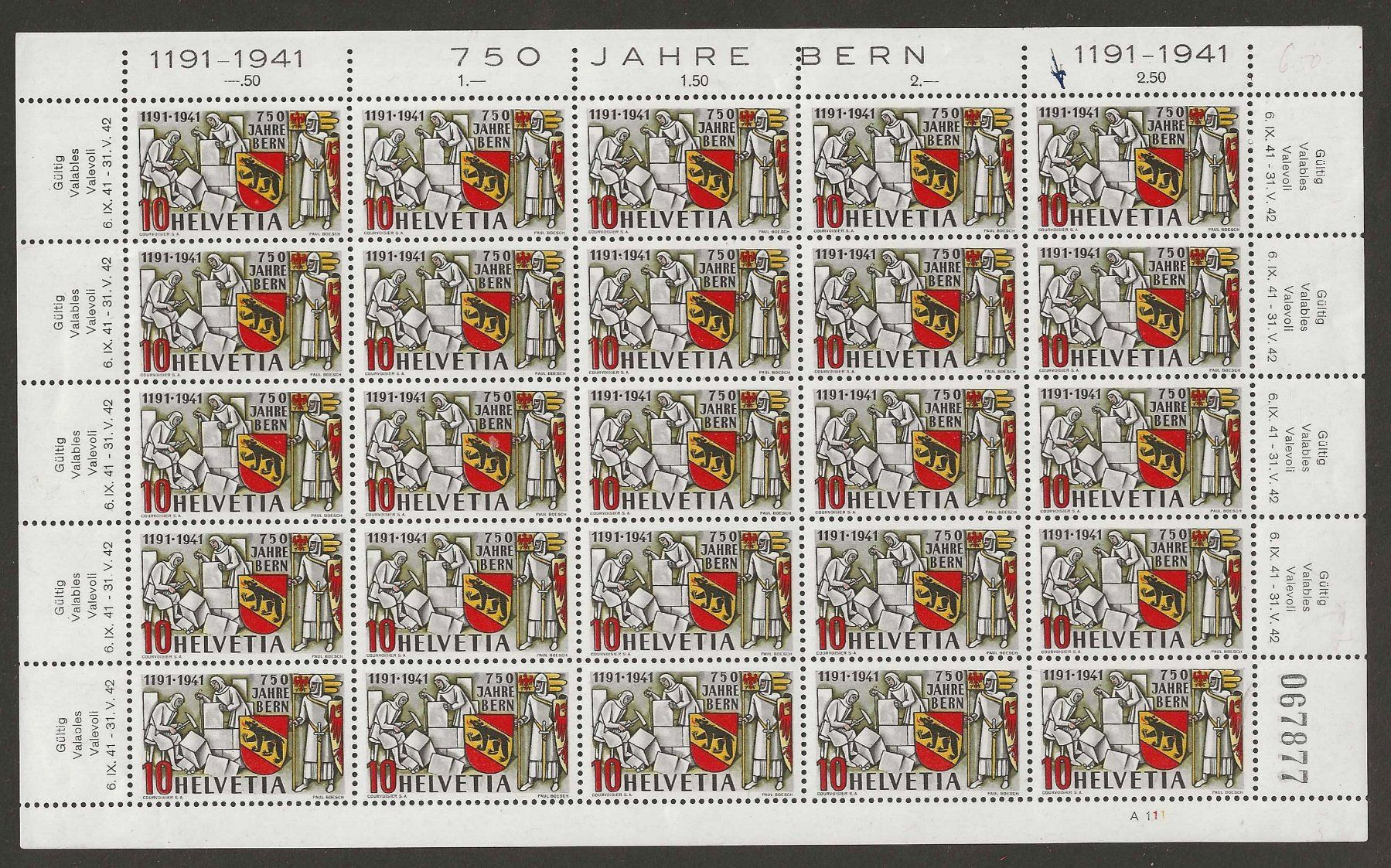 Tutti i francobolli: 1941 : Nr. 253 im Bogen mit Abart "Spinne auf Hammer" ** – Nuovo (secondo la descrizione) da Gümligen venduto da Geniusbuy