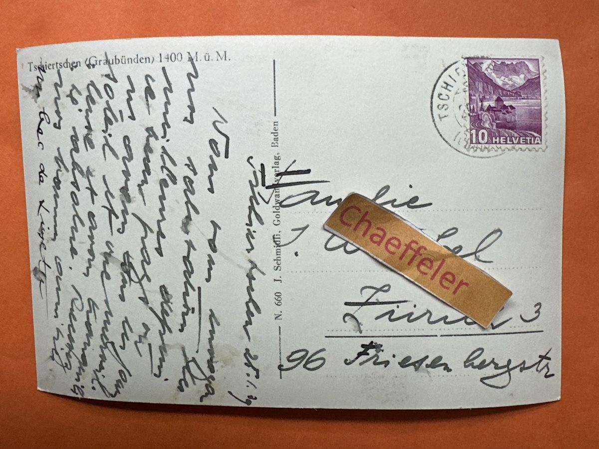 Cartoline postali: 1939 Tschiertschen Graubünden – Usato da Zürich venduto da Chaeffeler 1