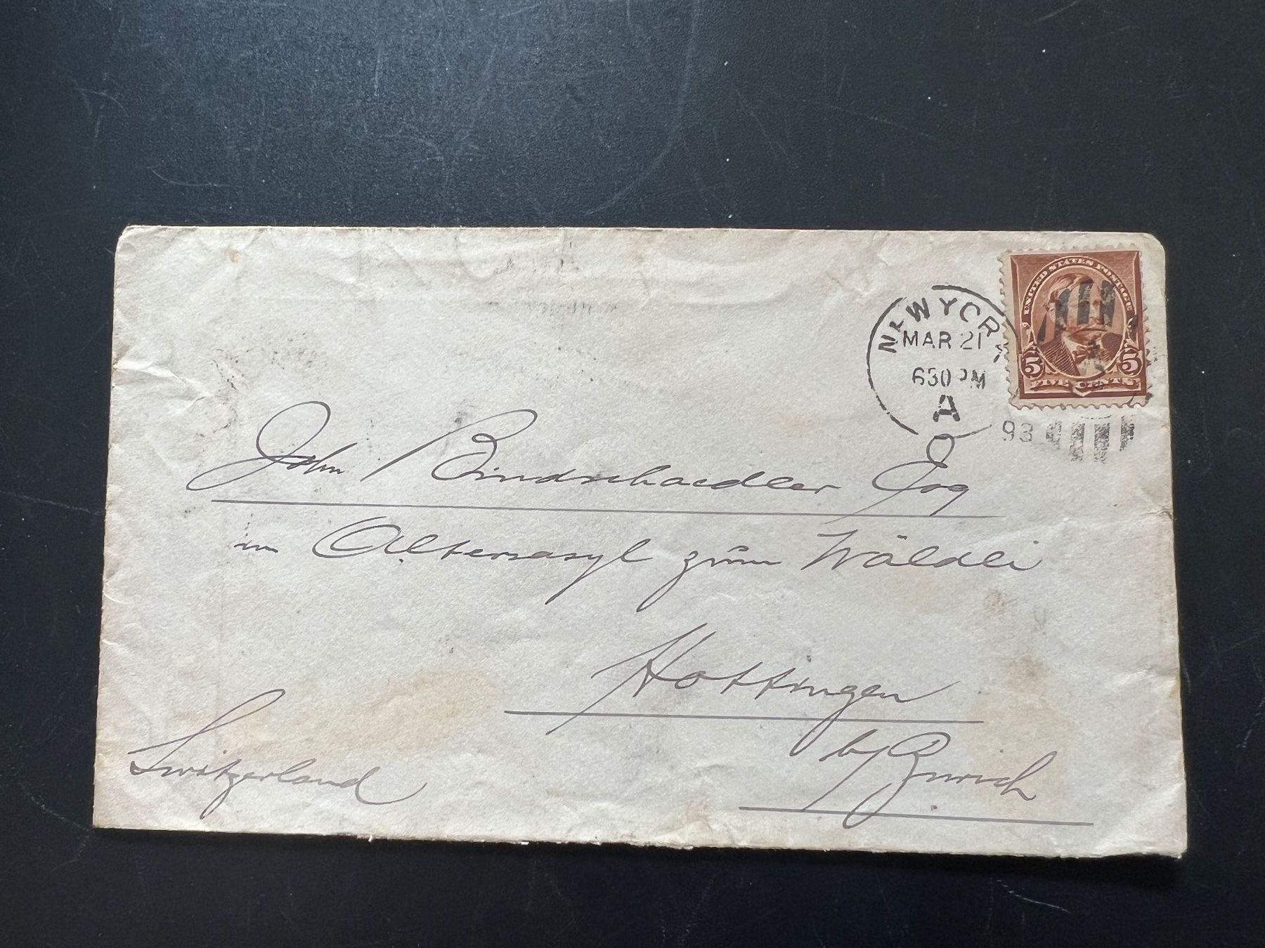 Alle Briefmarken: 1893 Brief New York-Hottingen div. Stempel    (G697) – Gebraucht aus Hinwil von Sidi4