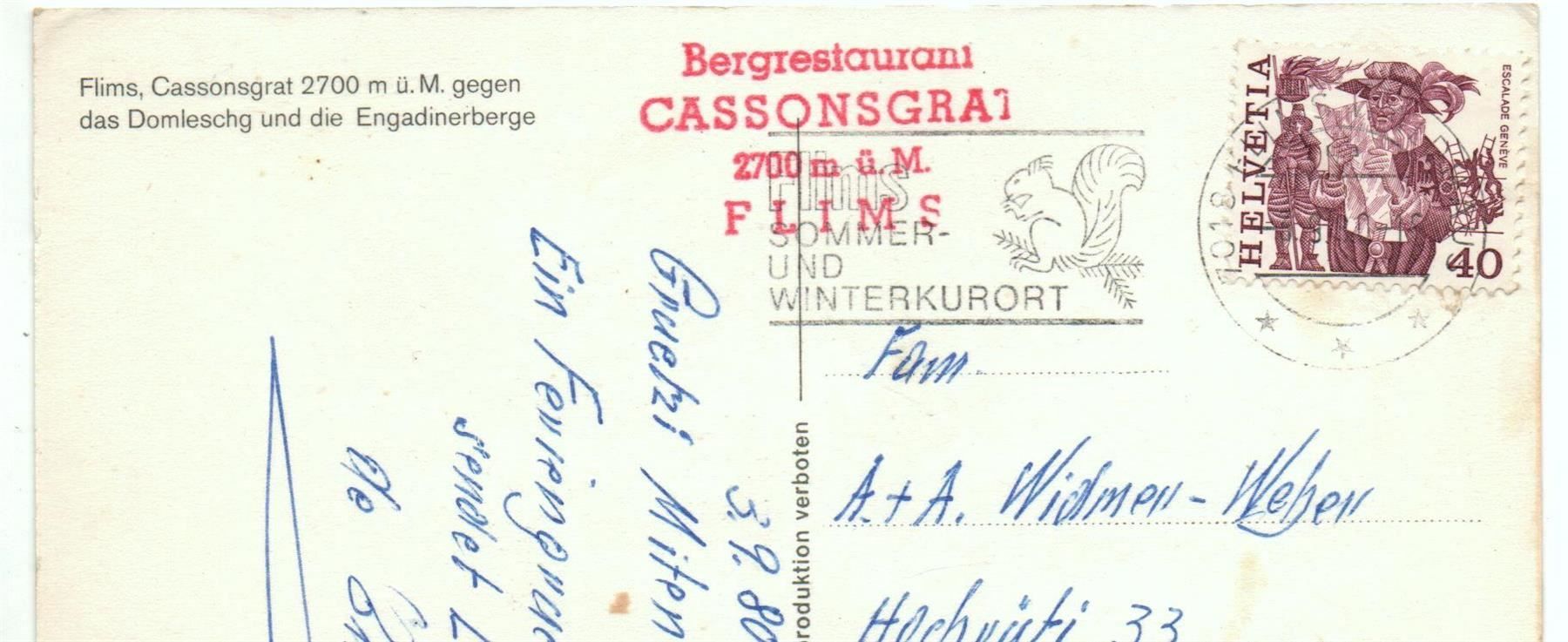 Cartoline postali: FLIMS Cassonsgrat, Luftseilbahn – Usato da Jona venduto da philajona 1