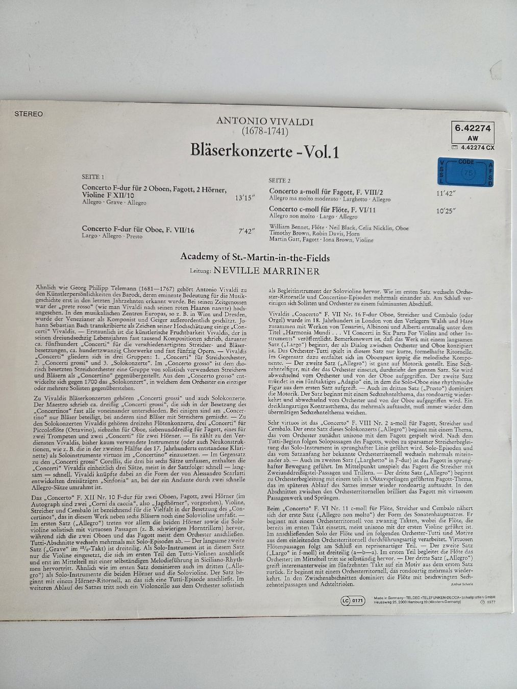 Dischi in vinile: Antonio Vivaldi - Bläserkonzerte Vol. 1, LP – Usato da Jegenstorf venduto da AloeVera19 1