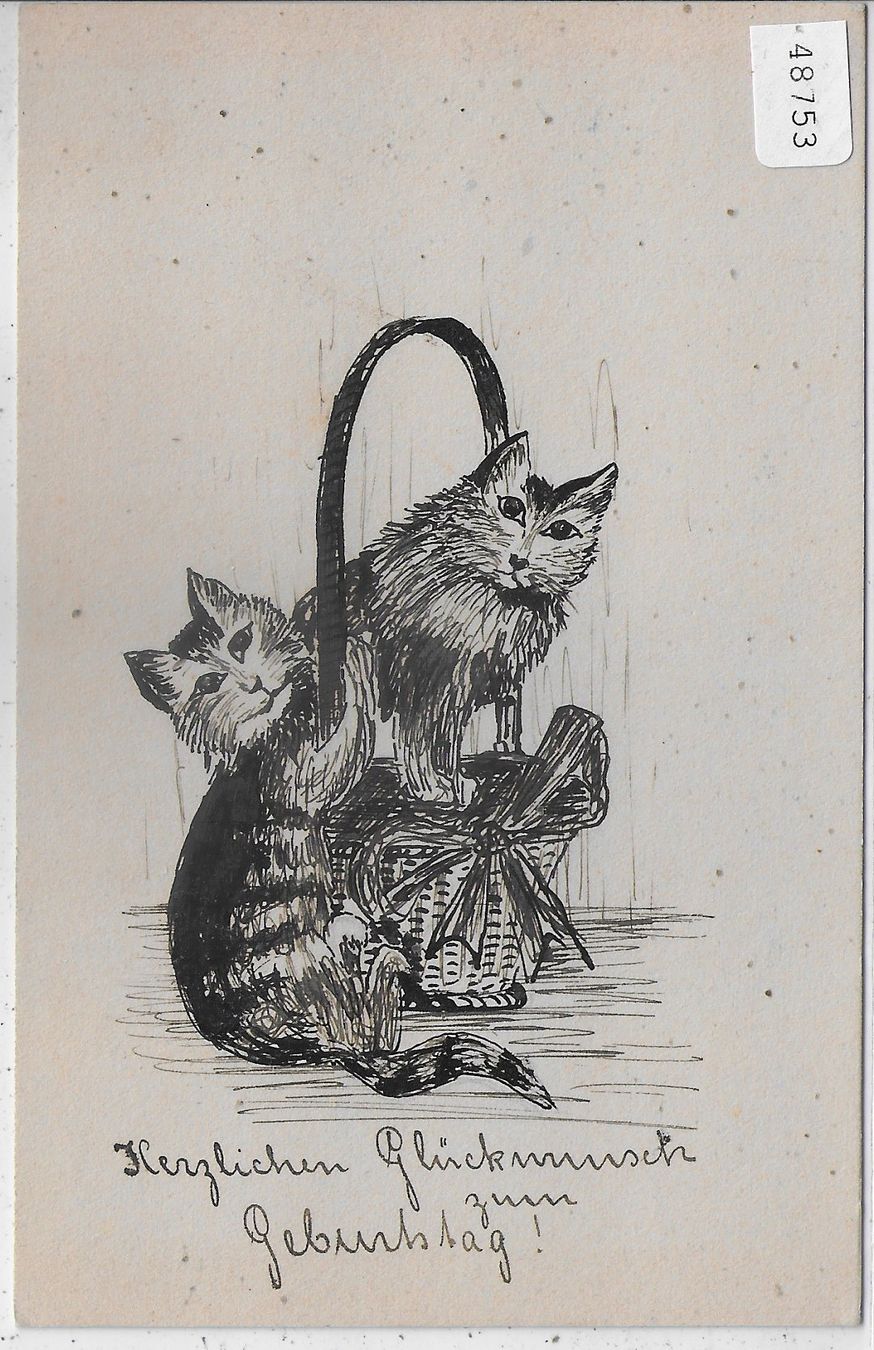 Ansichtskarten: Zwei Katzen in Korb - Handgemalt – Gebraucht aus Ettingen von Kartenplanet