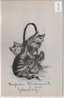 Zwei Katzen in Korb - Handgemalt