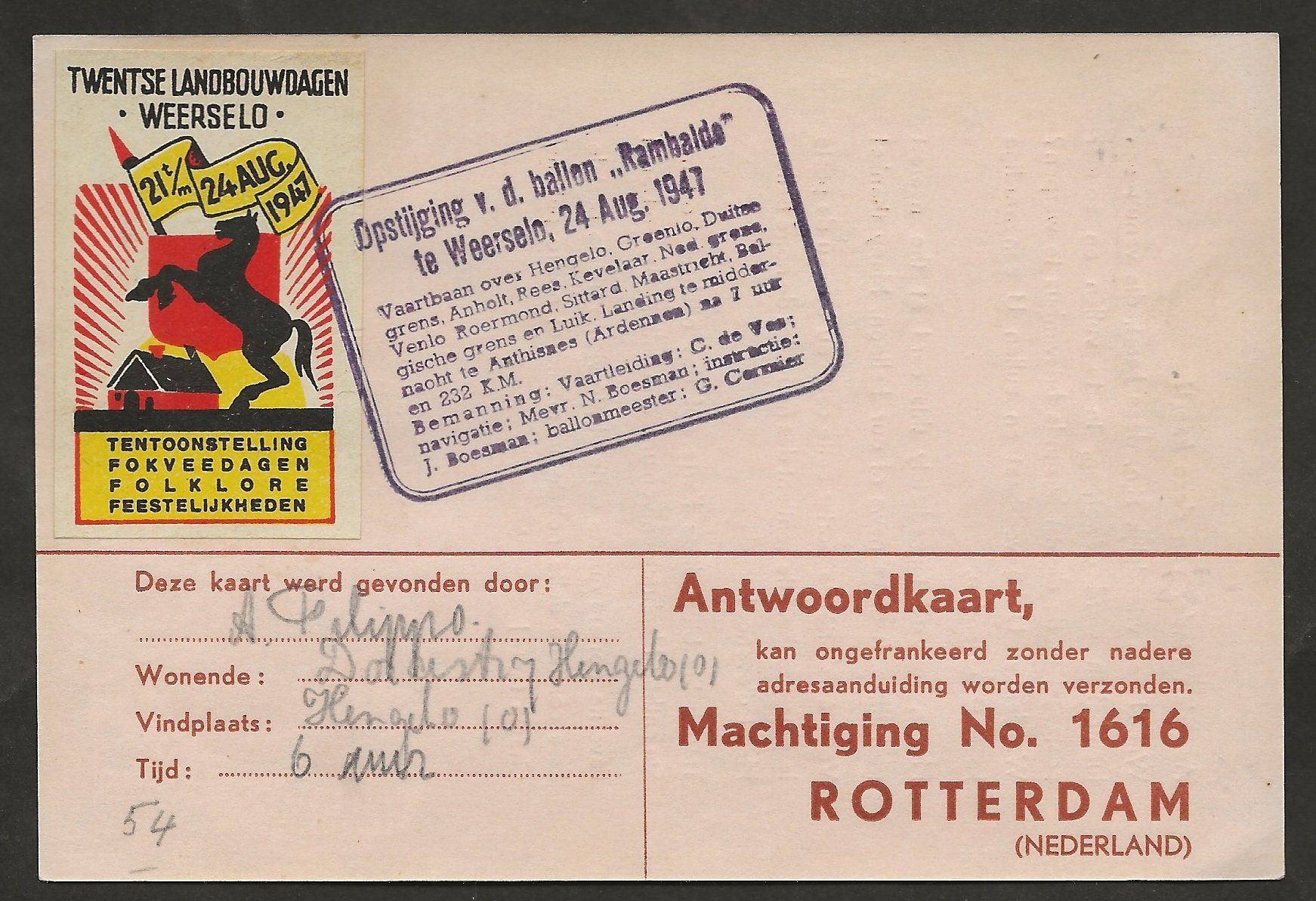 Tutti i francobolli: Ballon 1947 Niederlande  Luftpost – Usato da Au ZH venduto da xelagreb01