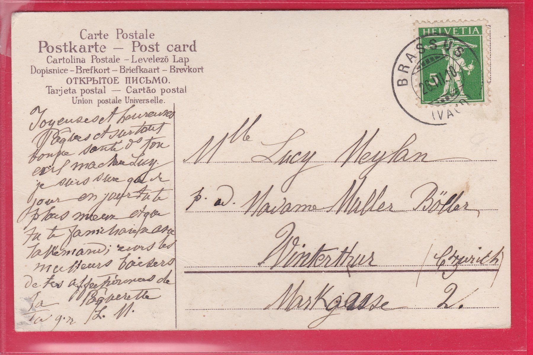 Cartoline postali: JOYEUSES PAQUES, 26.3.1910 – Usato da Oberrieden venduto da Gebirgsstelze 1
