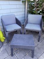Gartenmöbel Polyrattan Stuhl mit Kissen und Tisch grau 3 Tei