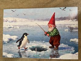 AK Postkarte Wichtel  Zwerg Pinguin Eisfischen Winter neu
