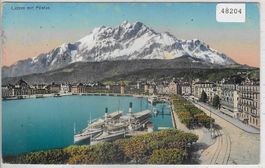 Luzern mit Pilatus - Dampfer - Litho