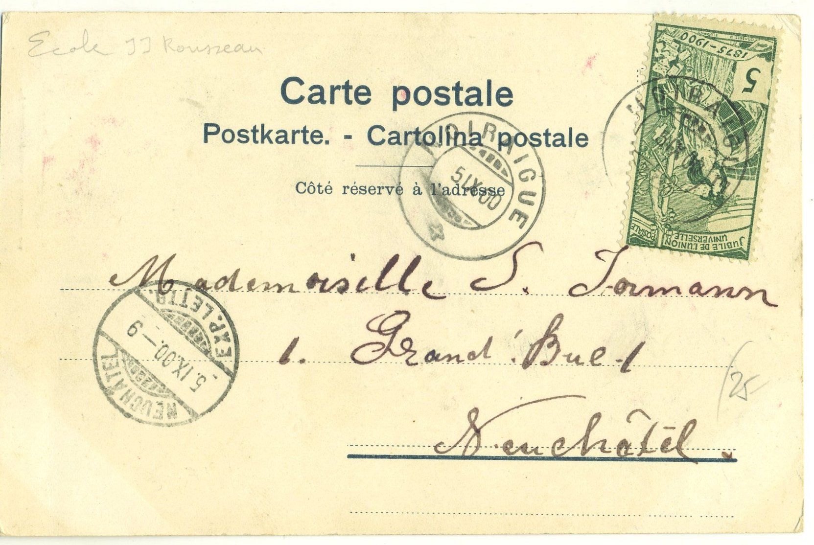 Ansichtskarten: Ecole Jean-Jacques Rousseau Fleurier. 1900 – Gebraucht aus Versoix von HELVETICA_1 1