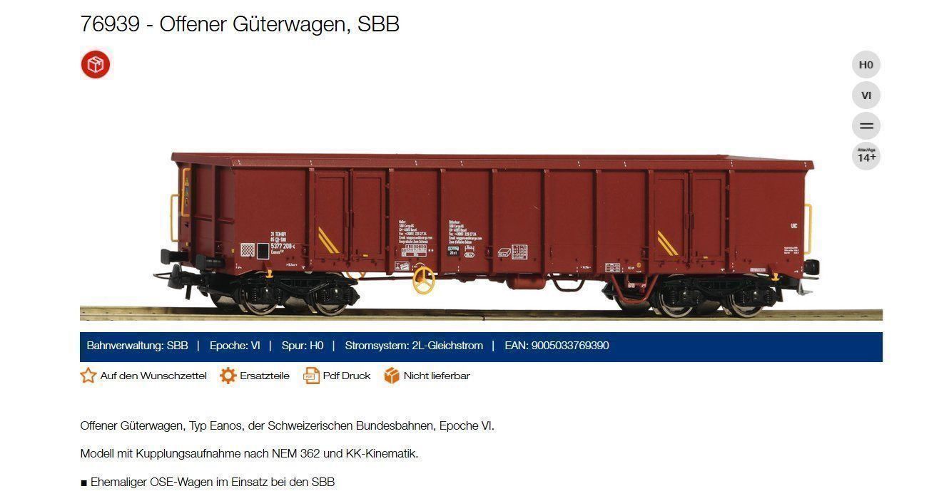 Roco Modellini di ferrovie: NEU - Roco 76939  SBB Güterwagen Eanos DC ou/oder AC – Nuovo e nell'imballaggio originale da Chevenez venduto da Railpassion 1