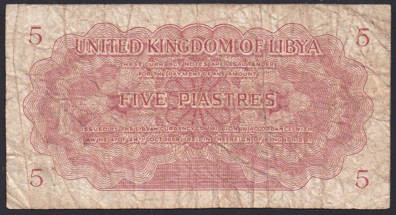 Banconote: Libyen 5 Piastres 1951 – Usato da Brugg AG venduto da banknoten_muesli 1
