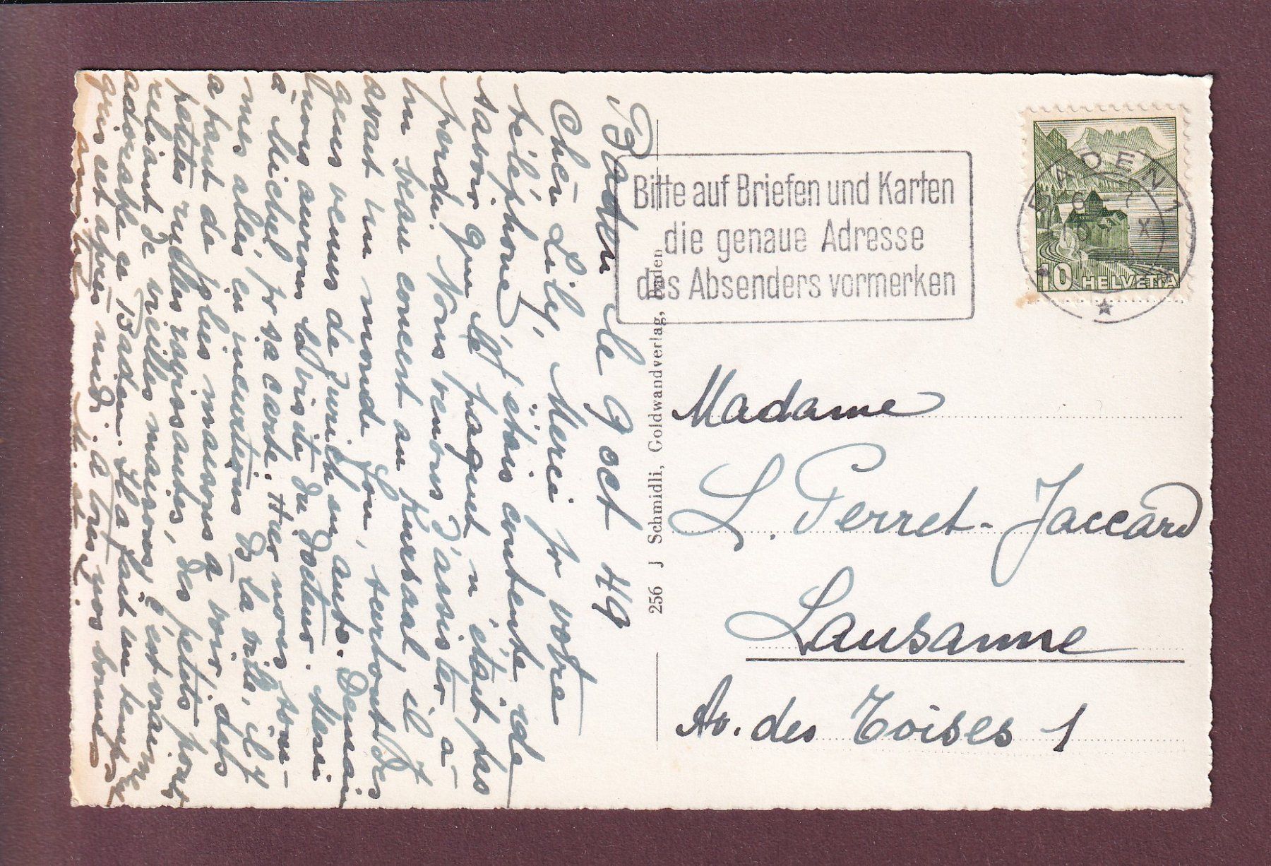 Cartoline postali: SCHLOSS WILDEGG - 1949 – Usato da Pully venduto da nicecards 1
