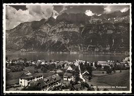 AK Unterterzen am Wallensee, Ortsansicht mit Bergkulisse