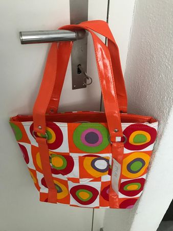 Kleine Stoff Tasche orange/weiss/bunt mit Kreisen - Neu