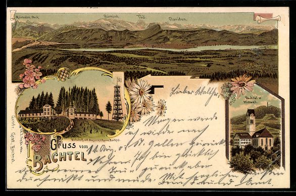 Cartoline postali: Litho Bachtel, Gasthaus mit Aussichtstur – Usato da Berlin venduto da bartko-reher