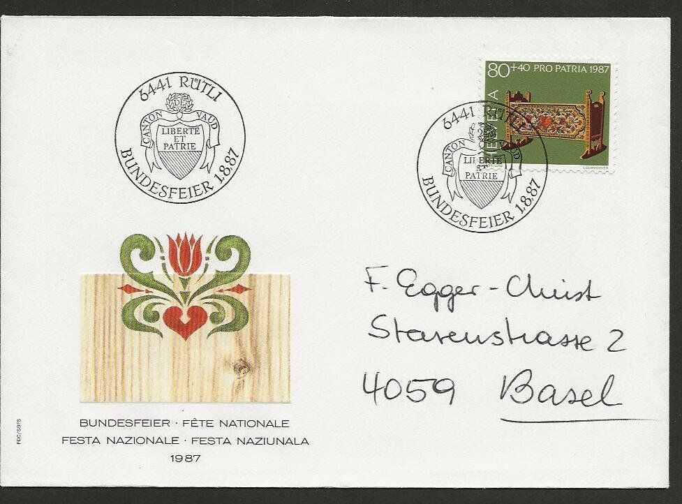 Alle Briefmarken: 1987   Brief Bundesfeier, 1. August,  RÜTLI – Gebraucht aus Arlesheim von kuhnphila