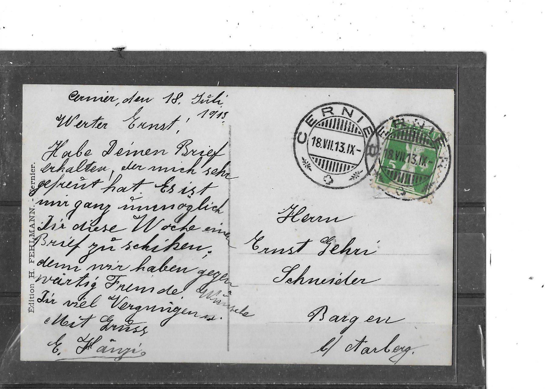 Cartoline postali: NE Cernier 1913 Rue Fred Soguel – Usato da Schocherswil venduto da Wilare 1