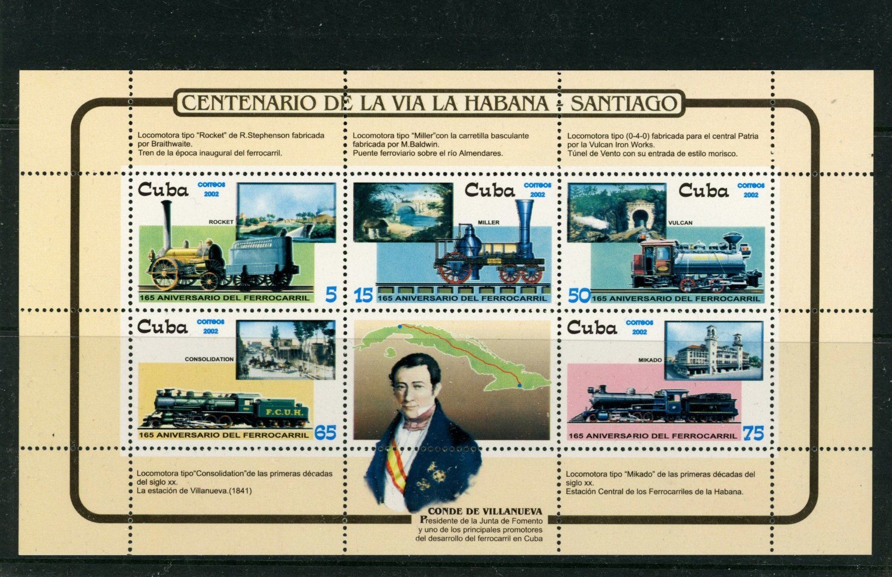 Tutti i francobolli: Kuba Block 165 Jahre Eisenbahnen 2002, PF – Nuovo (secondo la descrizione) da Basel venduto da maripas17