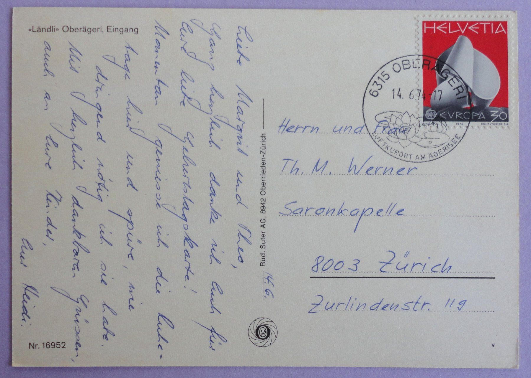 Cartoline postali: "Ländli" Oberägeri, Eingang – Usato da Fétigny venduto da Billy2miny 1
