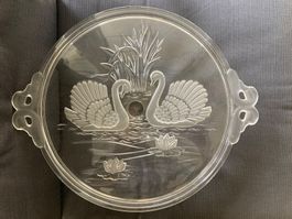 Tortenplatte Glas Gravur 2 Schwäne mit Fuss
