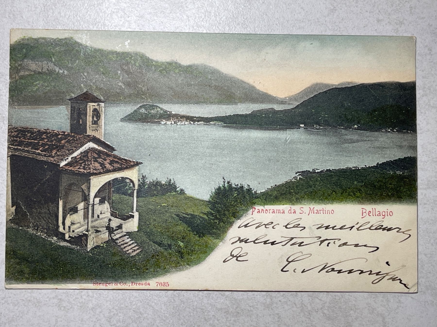 Cartoline postali: Alte Ansichtskarte Bellagio, Panorama S.Martino, 1905 – Usato da Strengelbach venduto da Aschatan5