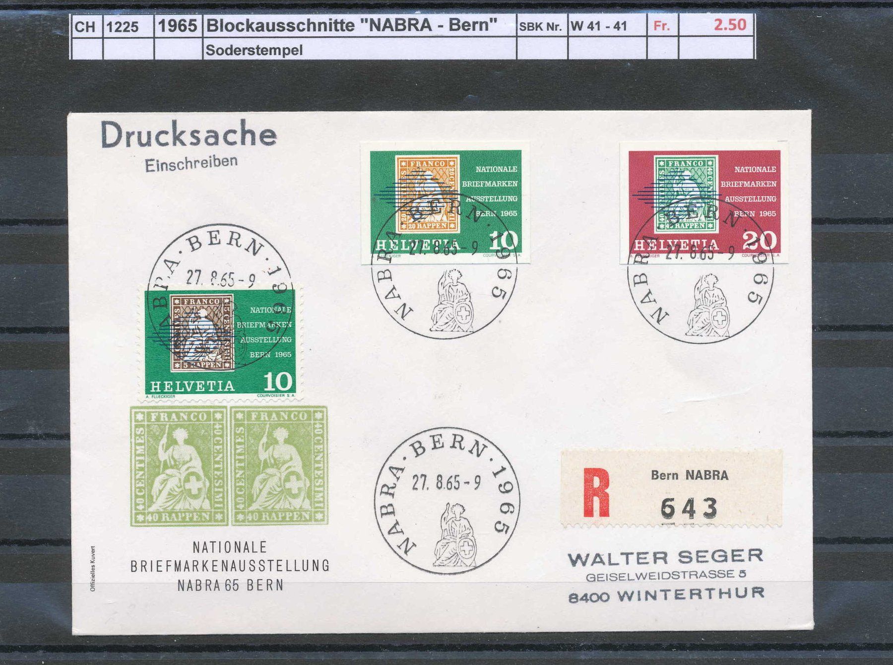Alle Briefmarken: 1965 Blockausschnitte "NABRA - Bern"; Sonderstempel – Gebraucht aus Winterthur von Zupogeru