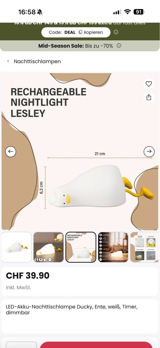 Lampade: LED-Nachttischlampe "Ducky" Ente, weiss, dimmbar, Timer! – Nuovo e nell'imballaggio originale da Staad SG venduto da Chirrari 3