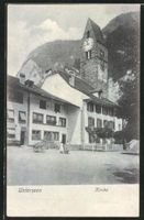 Unterseen, Milka-Werbung, Kirche, Kinder auf Platz, um 1905