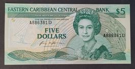 5 DOLLARS / OSTKARIBIK (Dominica) ND (1985-88) (aUNC)