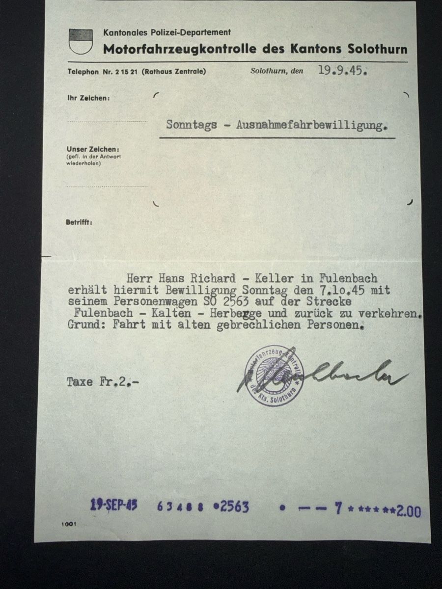 Documenti: Sonntags-Ausnahmefahrbewilligung 1945 – Usato da Grenchen venduto da Bastet007