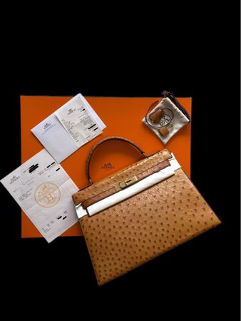 Hermès Kelly Ostrich Leder Gold Hardware wie neu Full Set