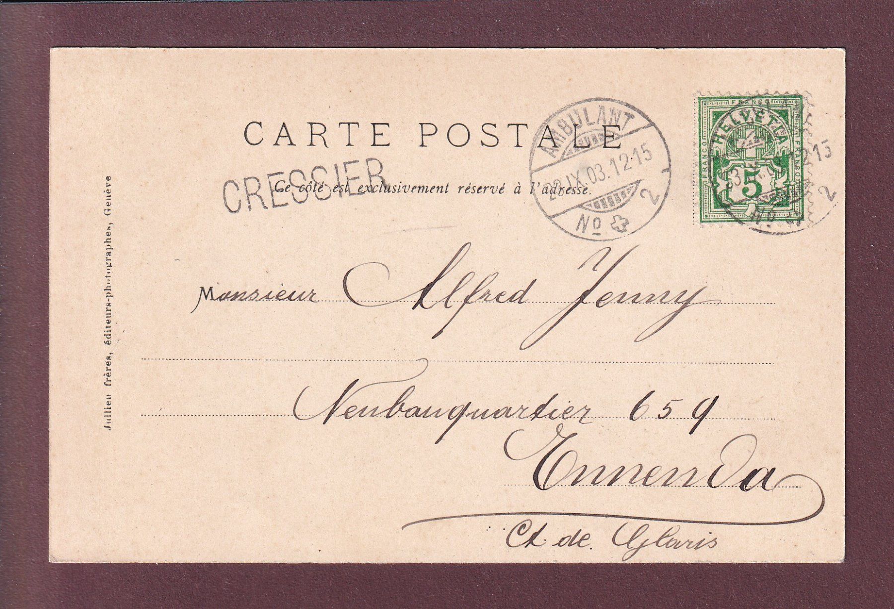 Cartes postales: CHAMP DE BARMAZ - Dents Blanches - 1903 – D'occasion à Pully par nicecards 1