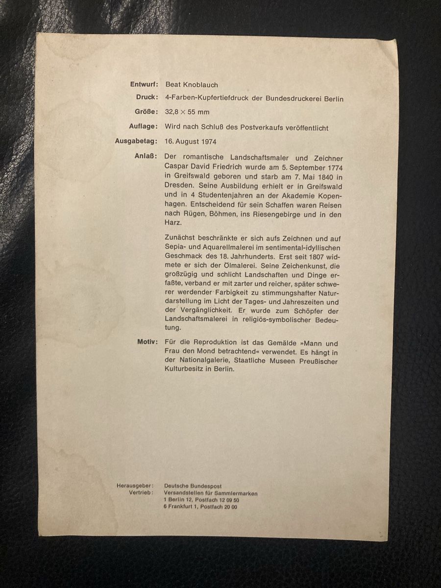 Tutti i francobolli: Caspar David Friedrich, Ersttagsblatt 1/1974 – Usato da Winterthur venduto da silen 1