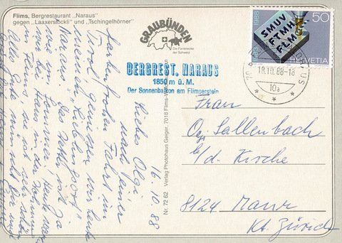 Cartoline postali: Ansichtskarte Bergrestaurant Naraus Flims 1988 – Usato da Ebmatingen venduto da desalli 1