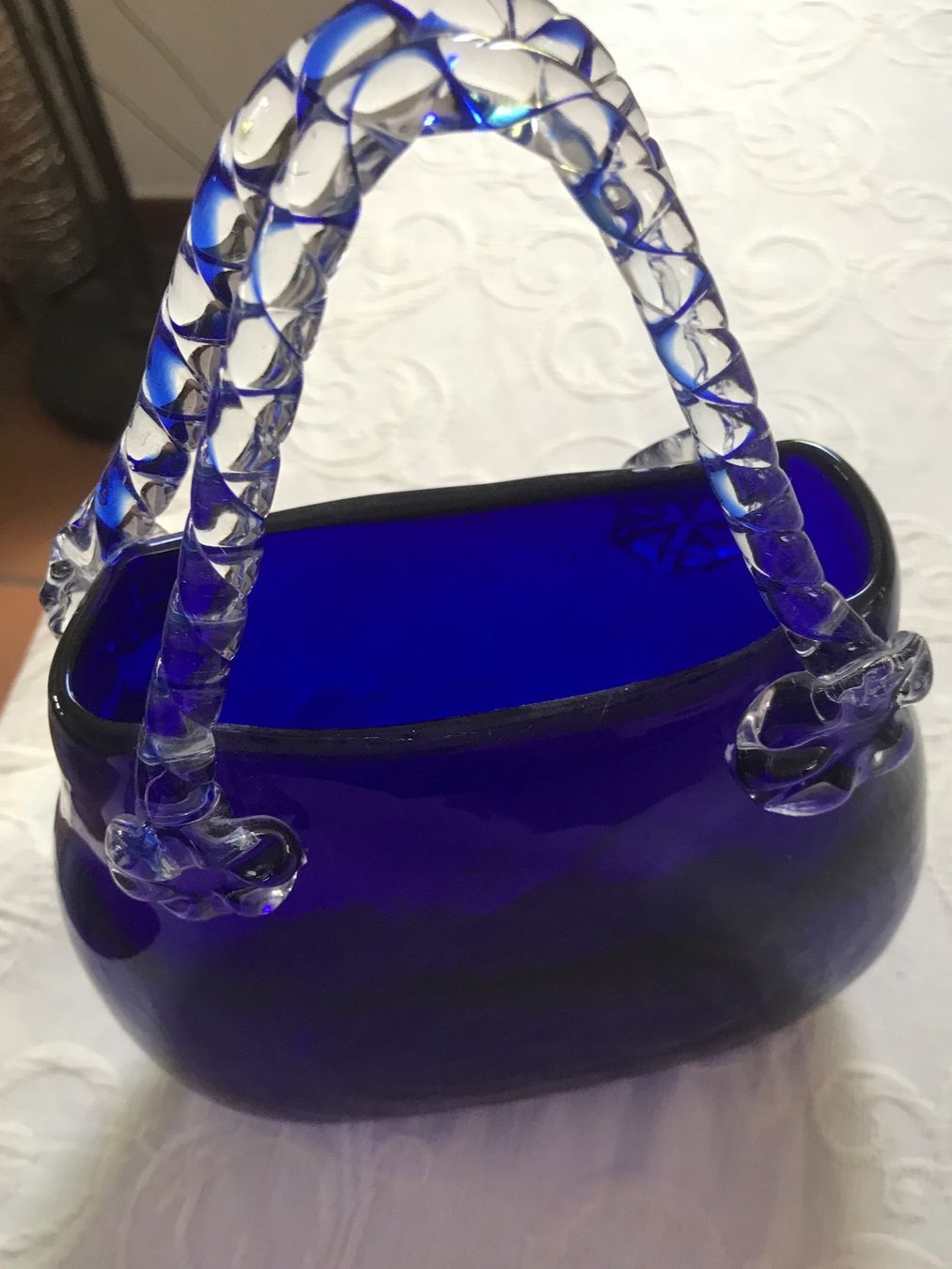 Murano Bicchieri: Murano Glas Handtasche, blau, mit Henkel, – Usato da Wettingen venduto da Andres54