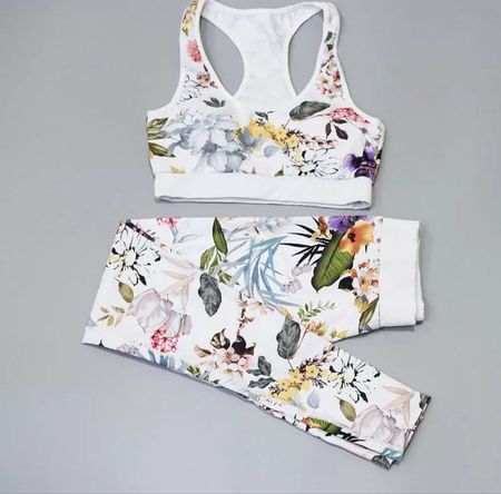 Yogaset Top&Leggings flower print weiss