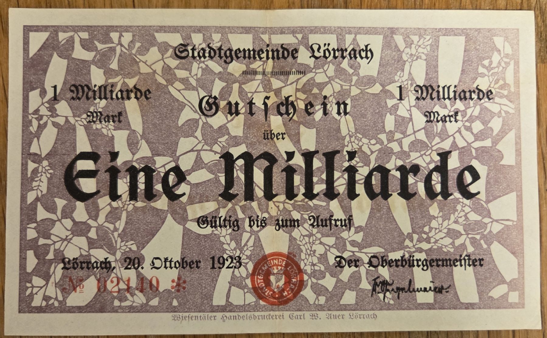 Banconote: Notgeld Stadtgemeinde Lörrach 1 Milliarde Mark 1923 – Usato da Stans venduto da Ducati16 1
