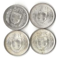 Schweiz Münzen 4 x 5 Fr.  1969  Silber
