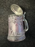 Antiker Bierkrug mit Zinndeckel, Glas mit Gravur, Top!