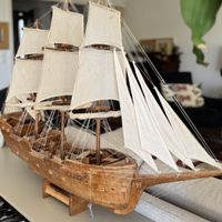 Vintage Wooden Sailing Ship Model - Decorative Piece