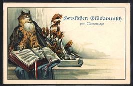 Litho Uhu sitzt auf einem Buch, Namensta