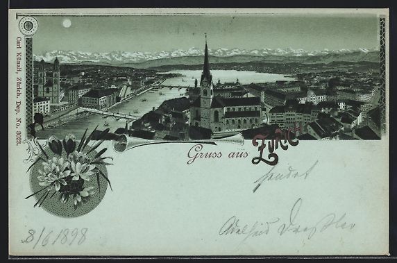 Ansichtskarten: Litho Zürich, Totalansicht mit Kirchtur – Gebraucht aus Berlin von bartko-reher