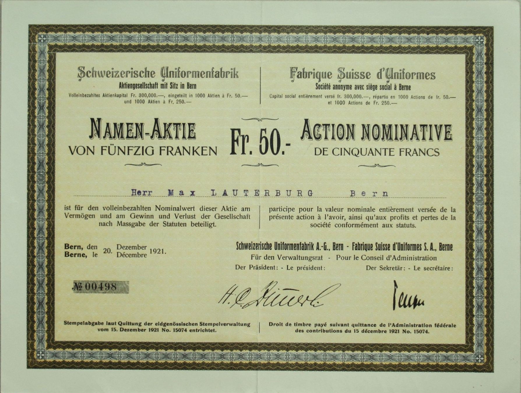Documenti: original 2 SCHWEIZERISCHE UNIFORMENFARBIK AG Bern 1921 – Usato da Lohn-Ammannsegg venduto da rrrikko 2
