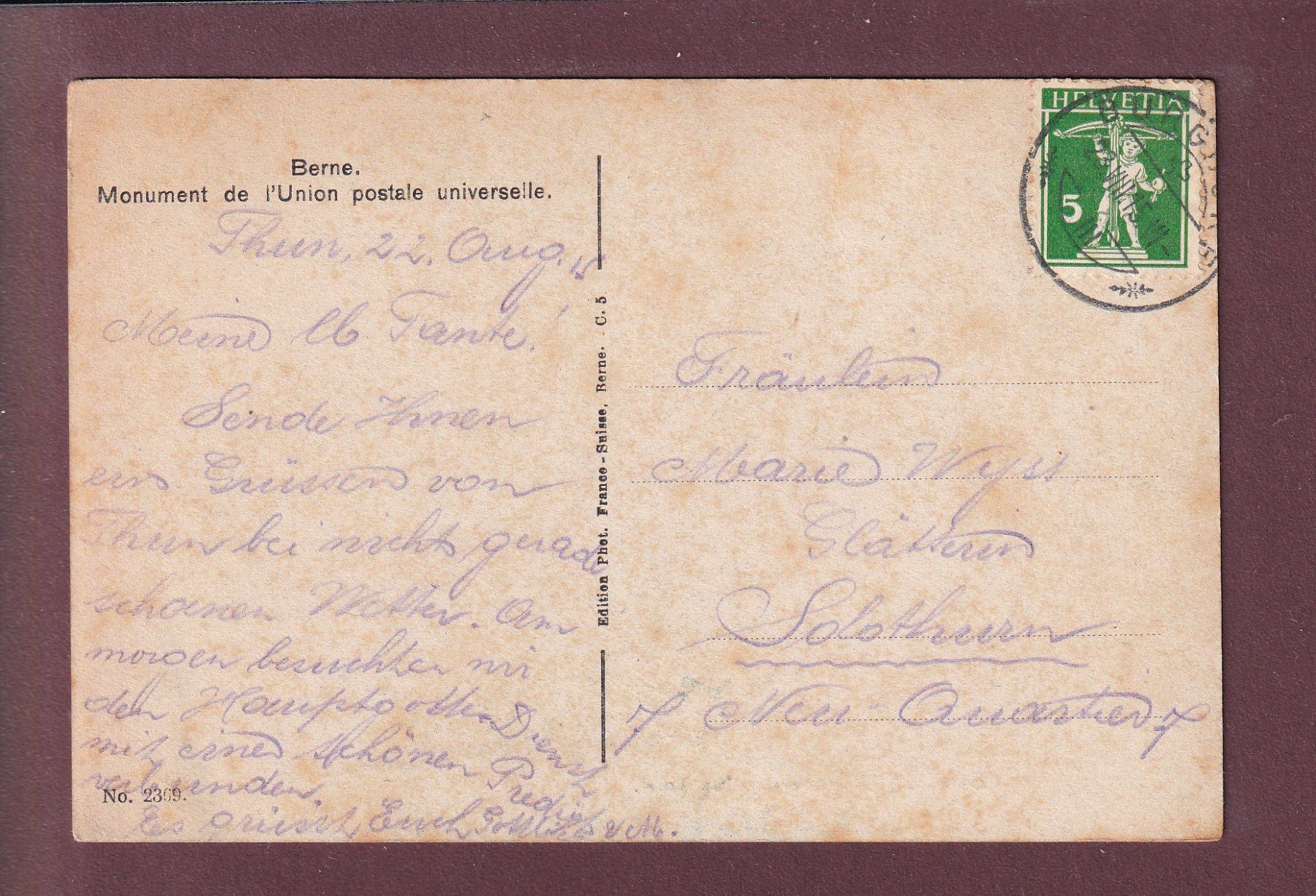 Cartes postales: BERN - Weltpostdenkmal - Leute - 1915 – D'occasion à Pully par nicecards 1