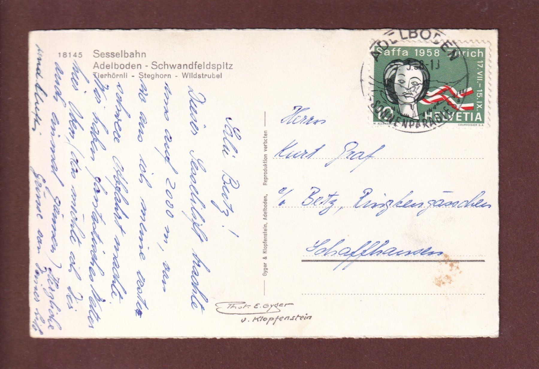 Cartoline postali: Sesselbahn ADELBODEN-SCHWANDFELDSPITZ - 1958 – Usato da Pully venduto da nicecards 1