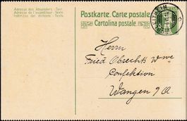 1914: Ganzsachen-PK Schleitheim nach Wangen a.A., perforiert